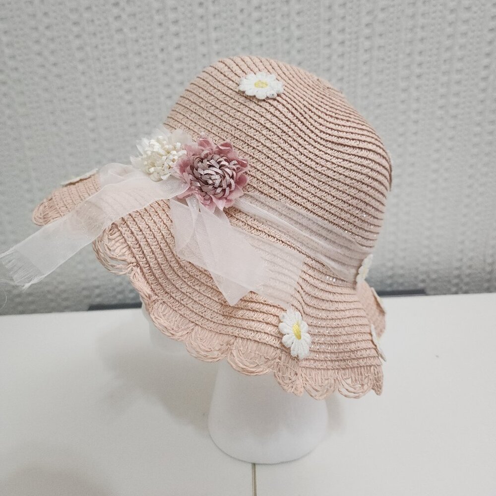 Vintage Blush Straw Sun Hat Floral Appliqué Ribbon Cottagecore Light Pink - Picture 2 of 9
